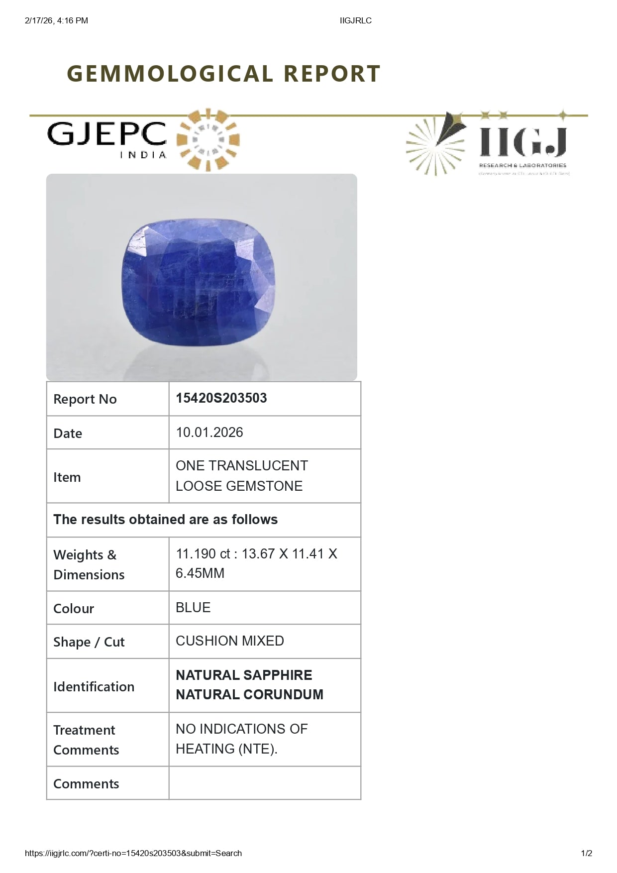 Natural Blue Sapphire (Neelam) 11.19 Carats