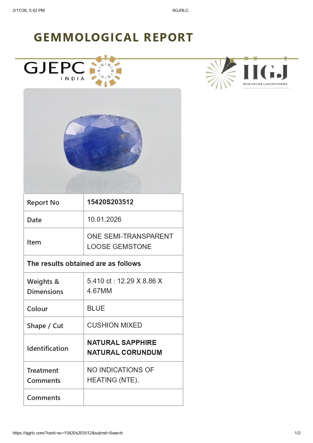Natural Blue Sapphire (Neelam) 5.41 Carats