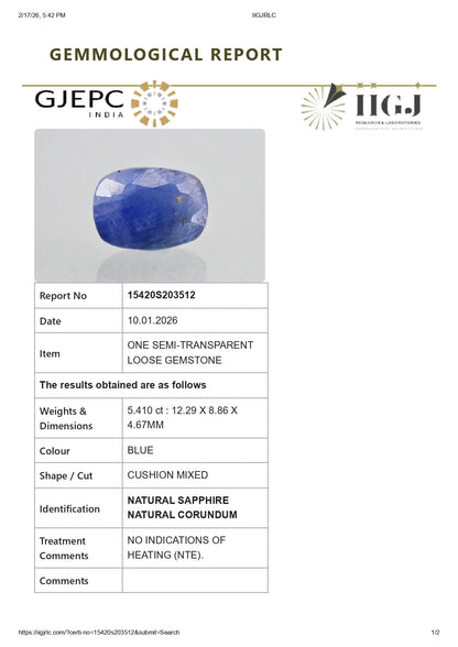 Natural Blue Sapphire (Neelam) 5.41 Carats