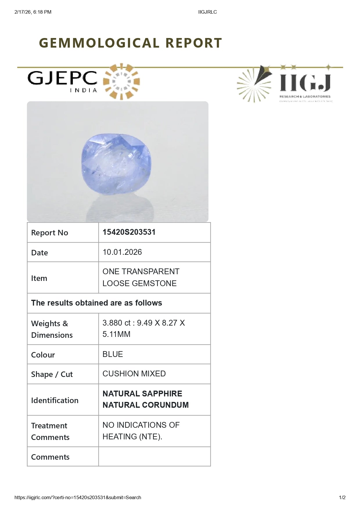 Natural Blue Sapphire (Neelam) 3.88 Carats
