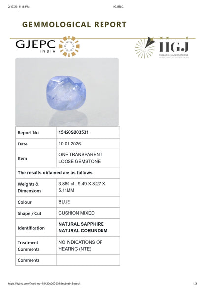 Natural Blue Sapphire (Neelam) 3.88 Carats