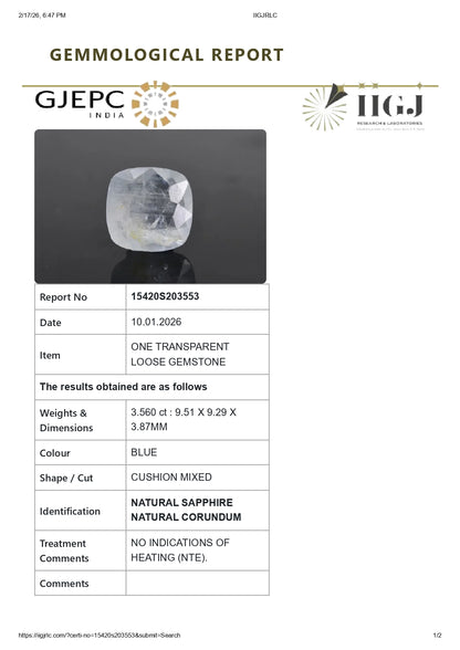 Natural Blue Sapphire (Neelam) 3.56 Carats