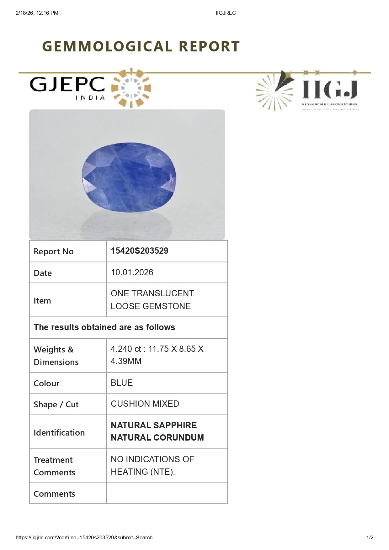 Natural Blue Sapphire (Neelam) 4.24 Carats