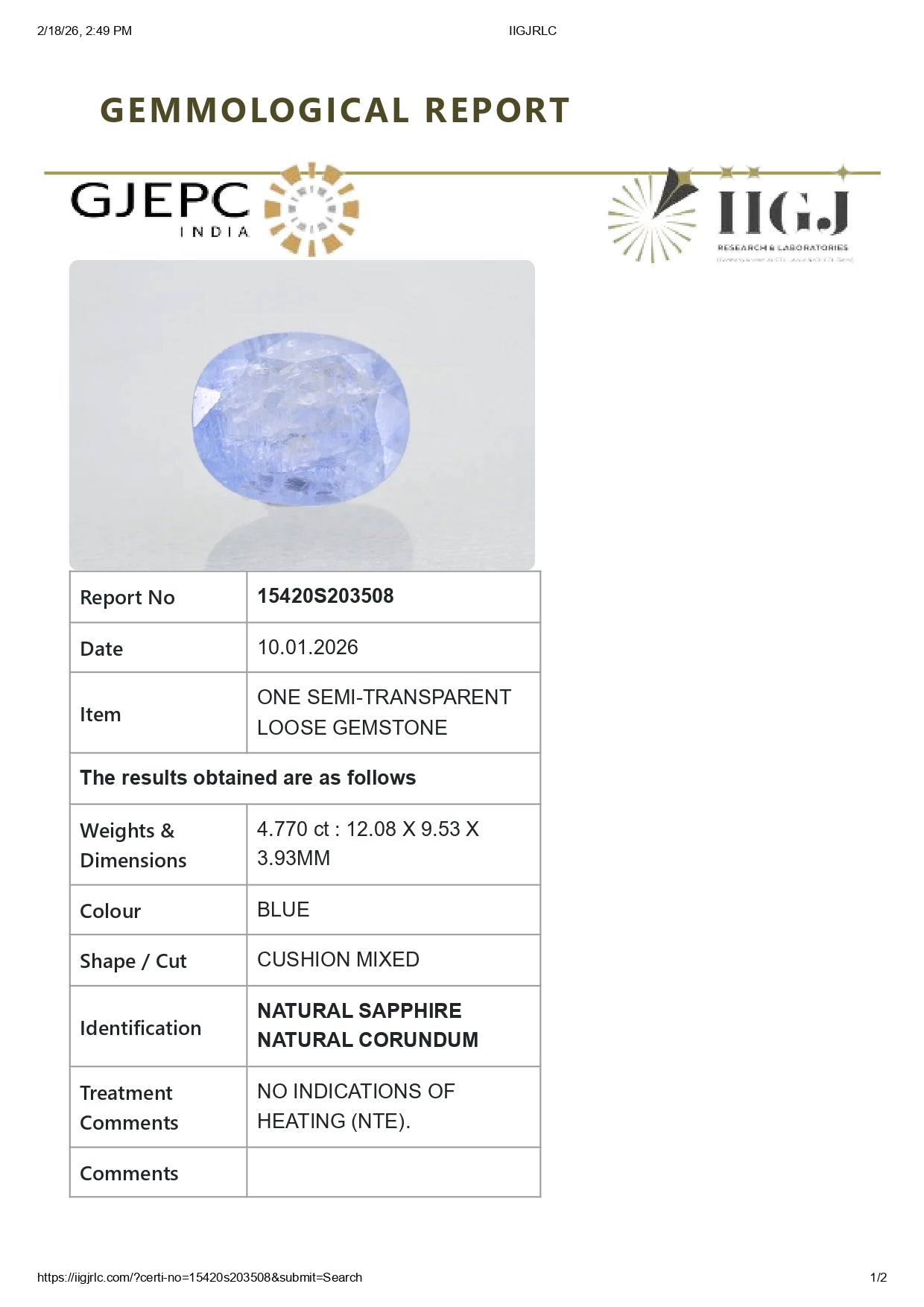 Natural Blue Sapphire (Neelam) 4.77 Carats