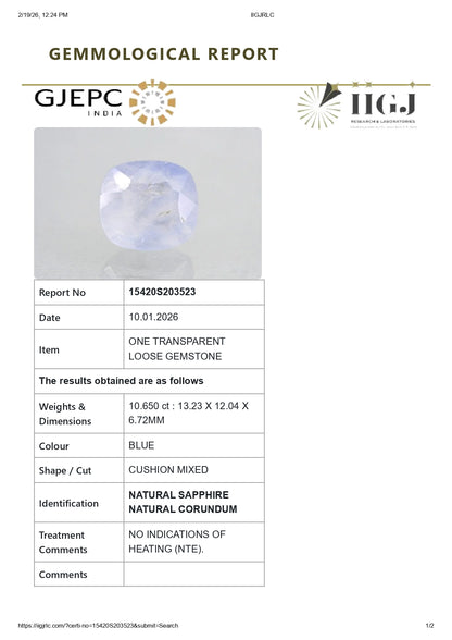 Natural Blue Sapphire (Neelam) 10.65 Carats