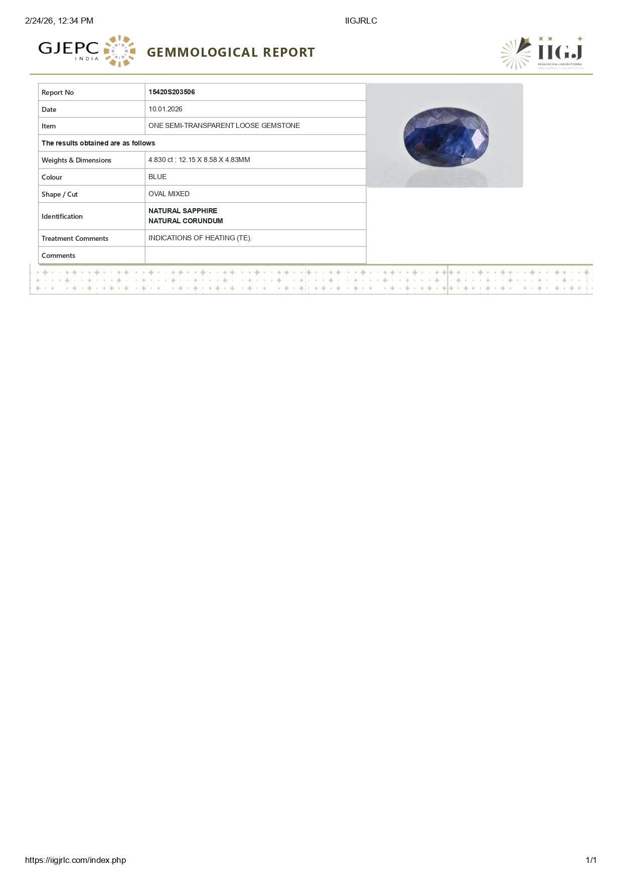 Natural Blue Sapphire (Neelam) 4.83 Carats