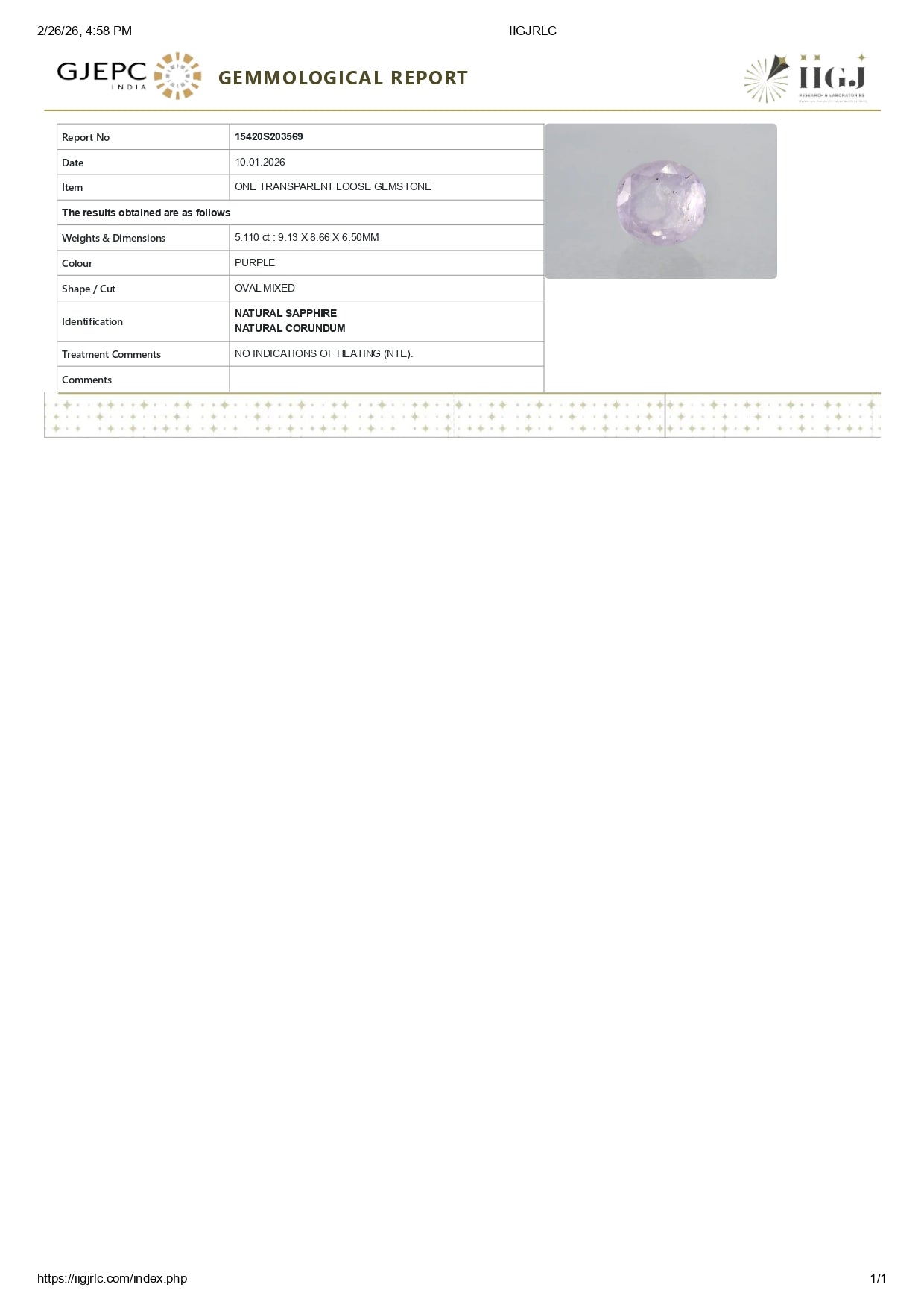Natural Purple Sapphire 5.11 Carats