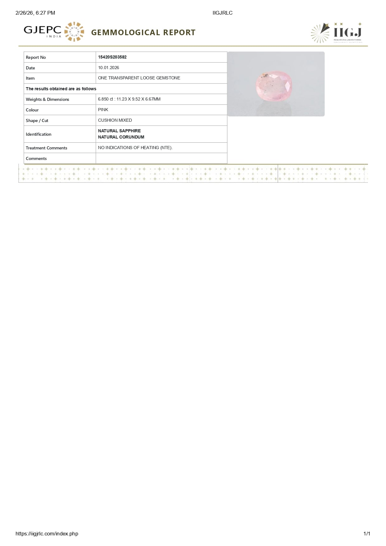 Natural Pink Sapphire 6.85 Carats