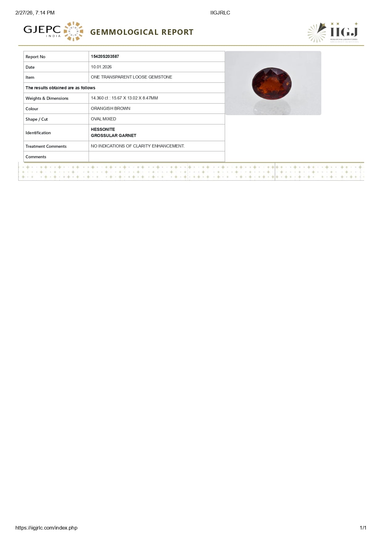 Natural Sri-Lankan Hessonite (Gomed) 14.36 Carats
