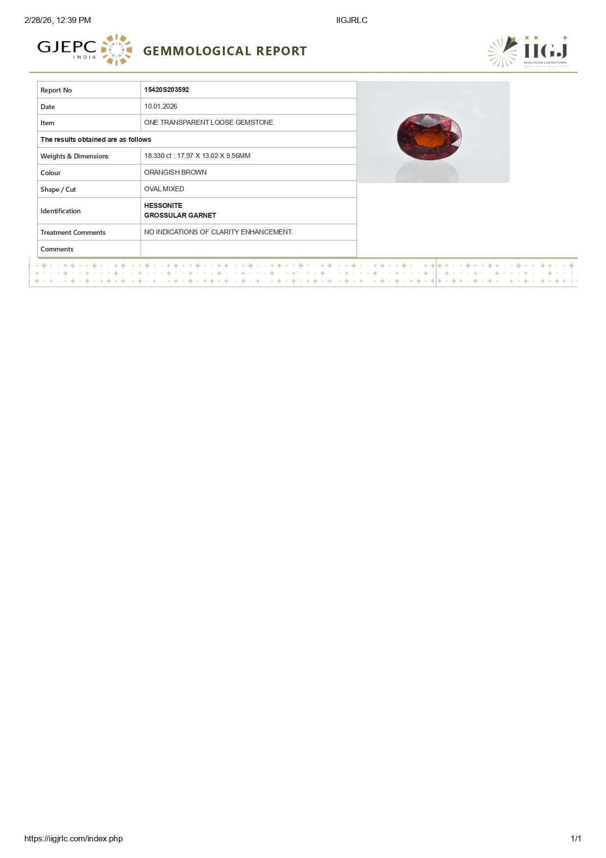 Natural Hessonite (Gomed) 18.33 Carats