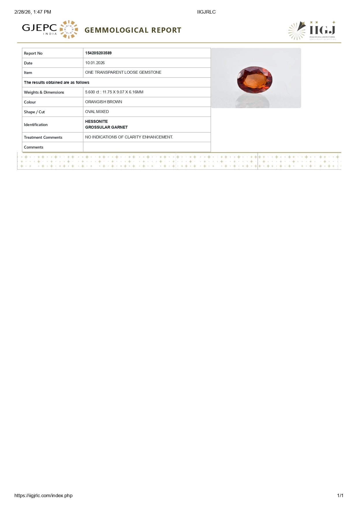 Natural Hessonite (Gomed) 5.60 Carats