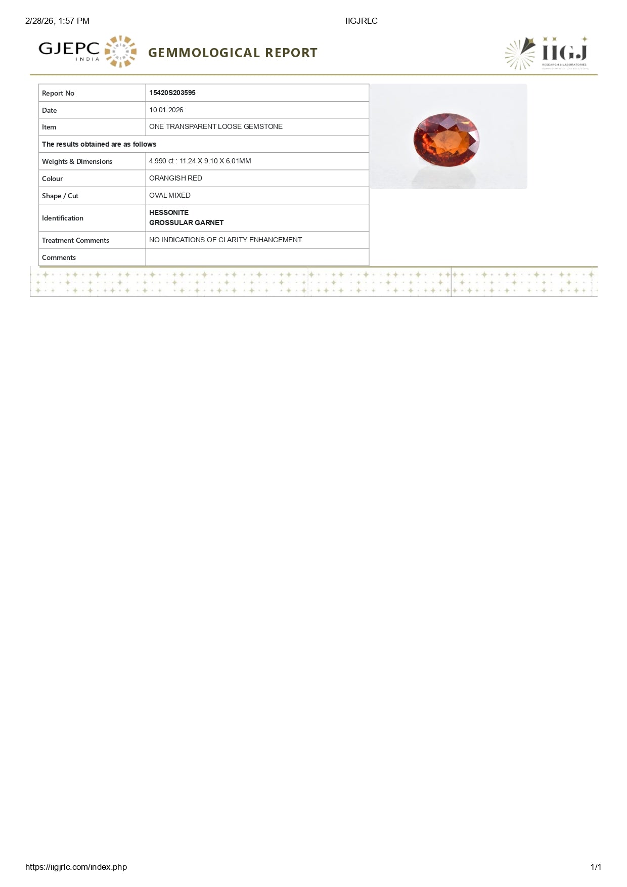 Natural Sri-Lankan Hessonite (Gomed) 4.99 Carats