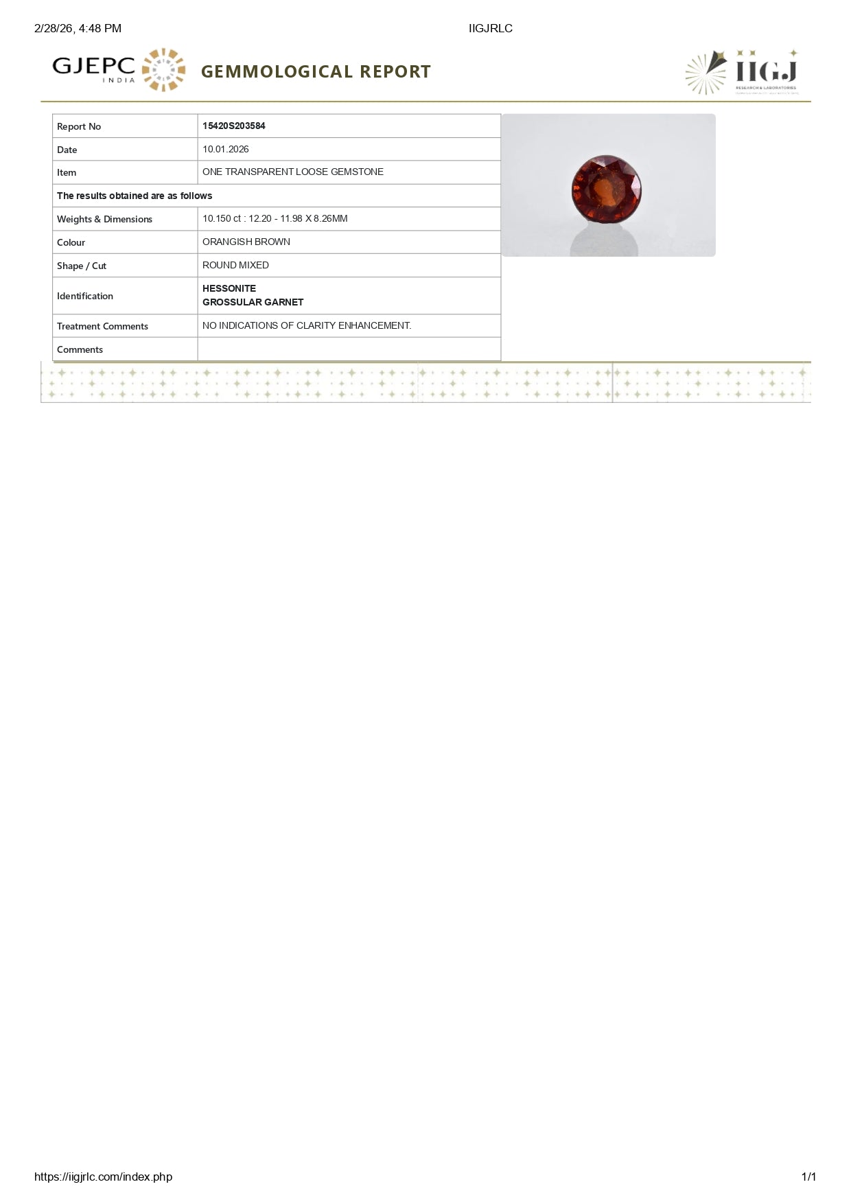 Natural Sri-Lankan Hessonite (Gomed) 10.15 Carats