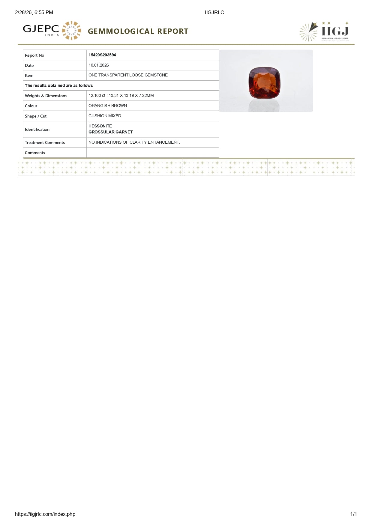 Natural Sri-Lankan Hessonite (Gomed) 12.10 Carats