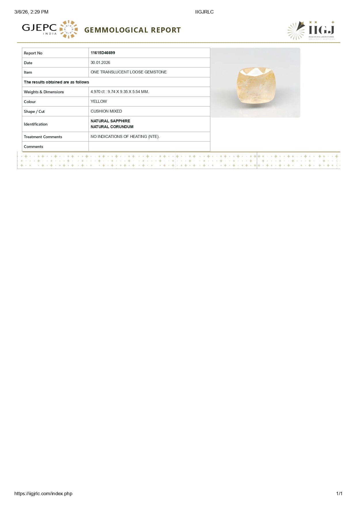 Natural Yellow Sapphire (Pukhraj) 4.97 Carats