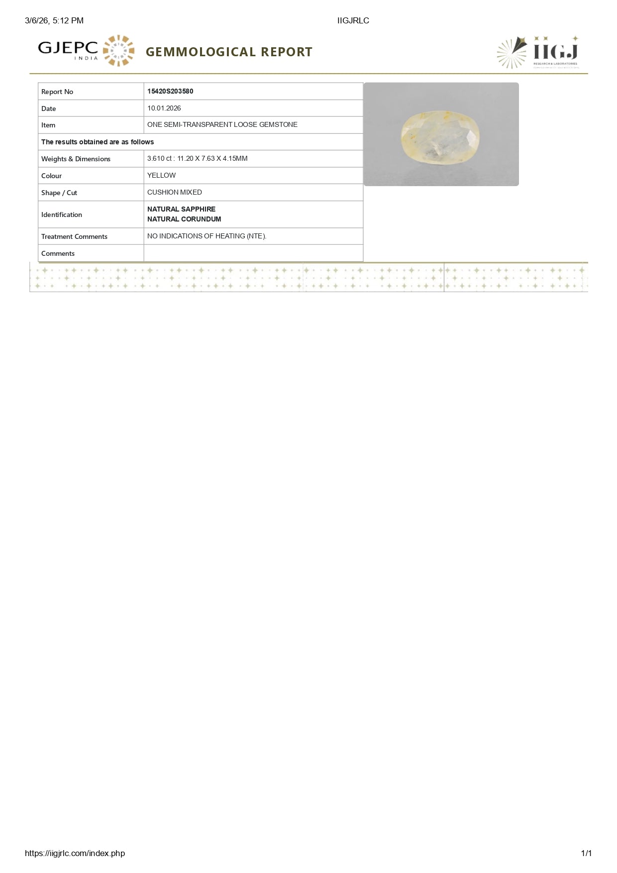 Natural Yellow Sapphire (Pukhraj) 3.61 Carats