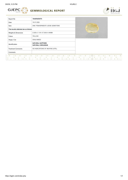 Natural Yellow Sapphire (Pukhraj) 3.32 Carats