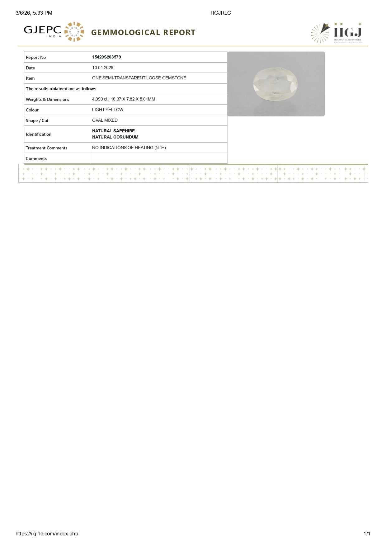 Natural Yellow Sapphire (Pukhraj) 4.09 Carats