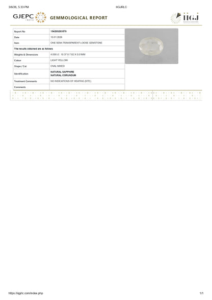 Natural Yellow Sapphire (Pukhraj) 4.09 Carats