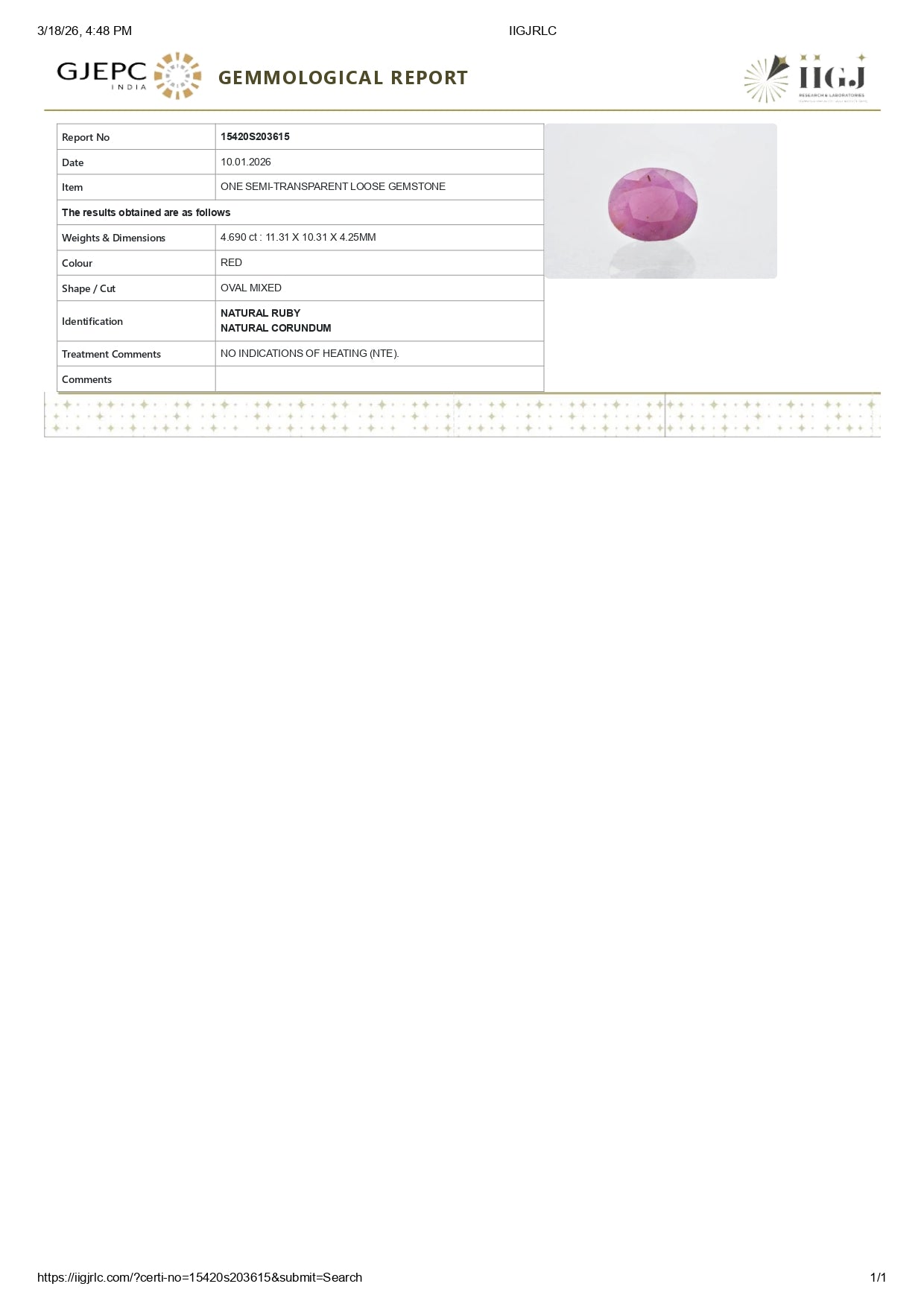 Natural Ruby (Manik) 4.69 Carats