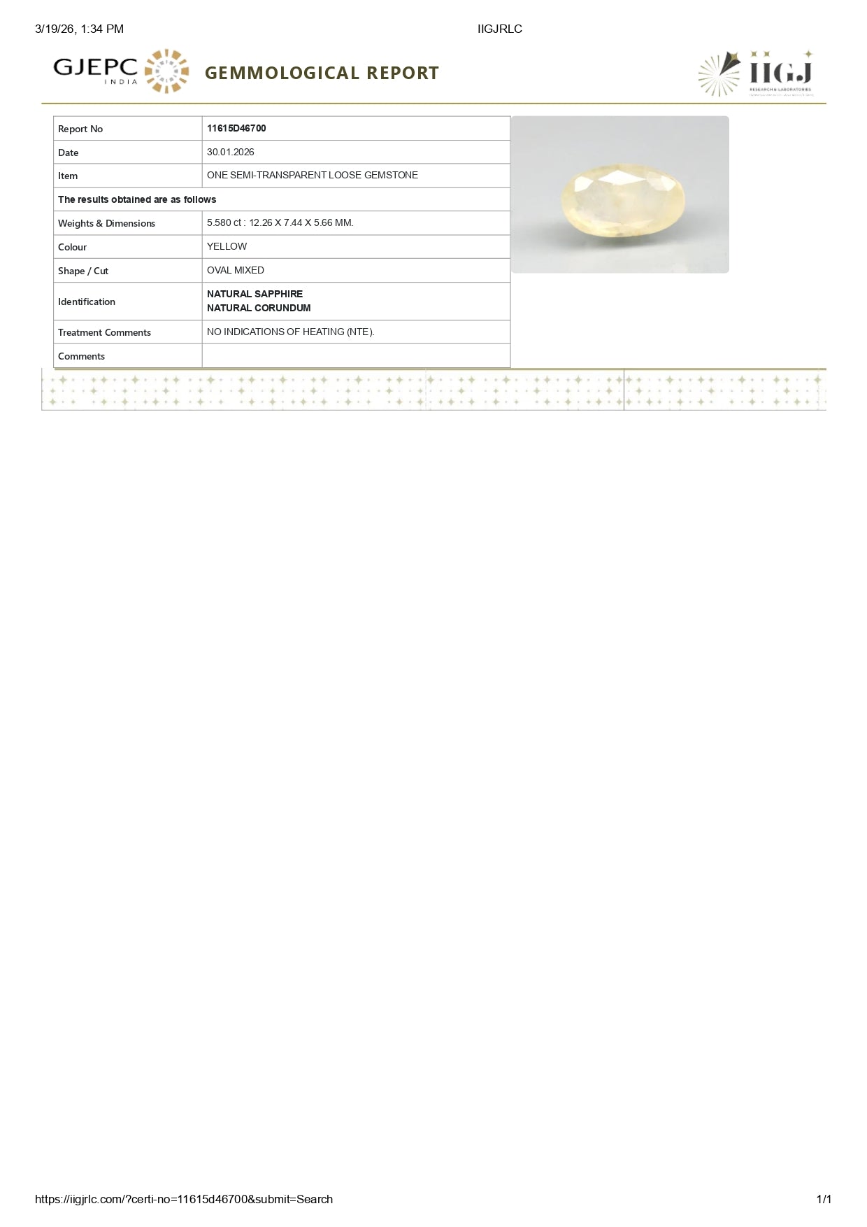 Natural Yellow Sapphire (Pukhraj) 5.58 Carats