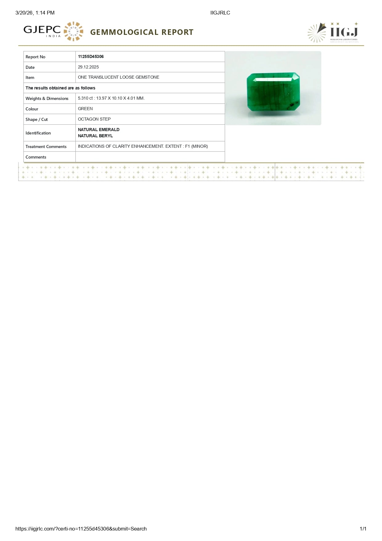 Natural Zambian Emerald (Panna) 5.31 Carats