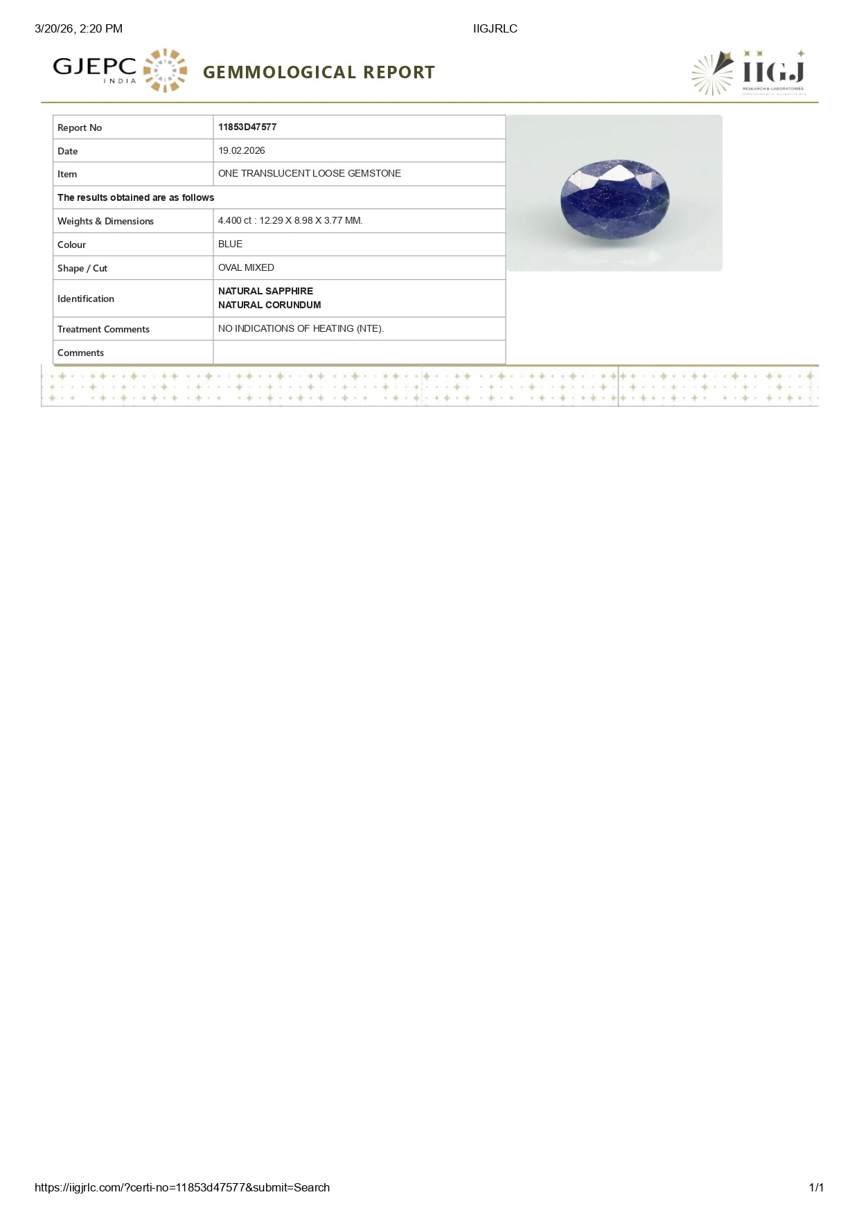 Natural Blue Sapphire (Neelam) 4.40 Carats