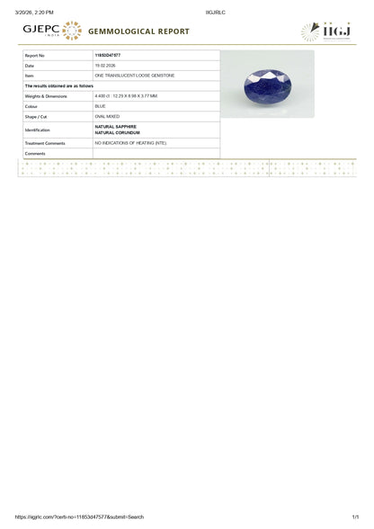 Natural Blue Sapphire (Neelam) 4.40 Carats