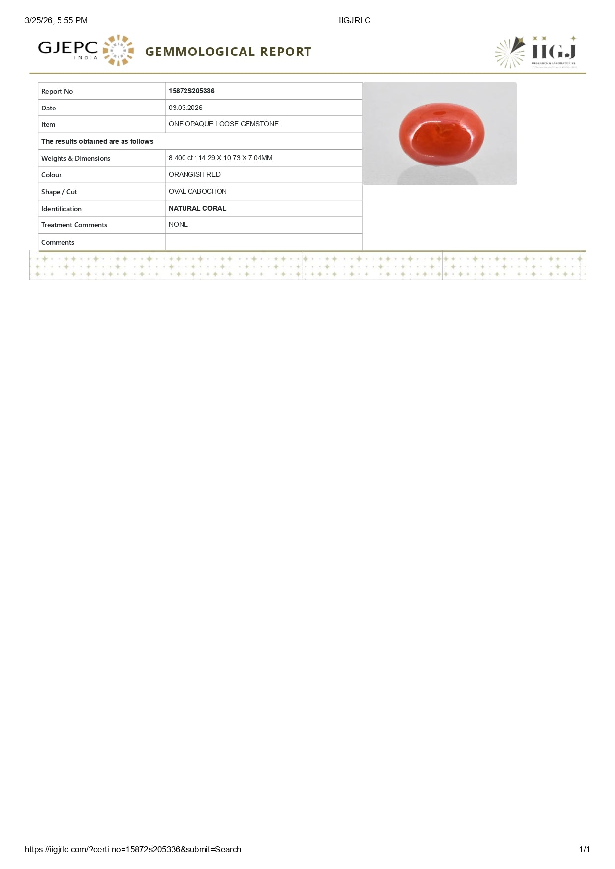 Natural Italian Red Coral (Moonga) 8.40 Carats