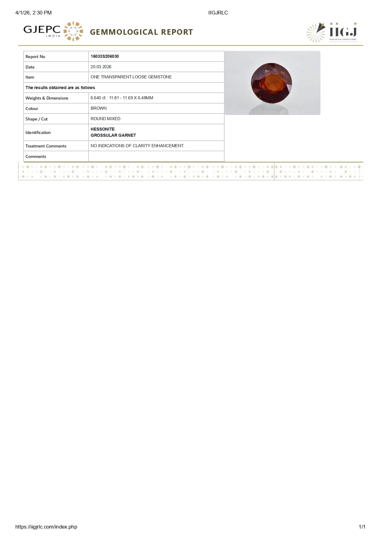 Natural Sri-Lankan Hessonite (Gomed) 6.69 Carats