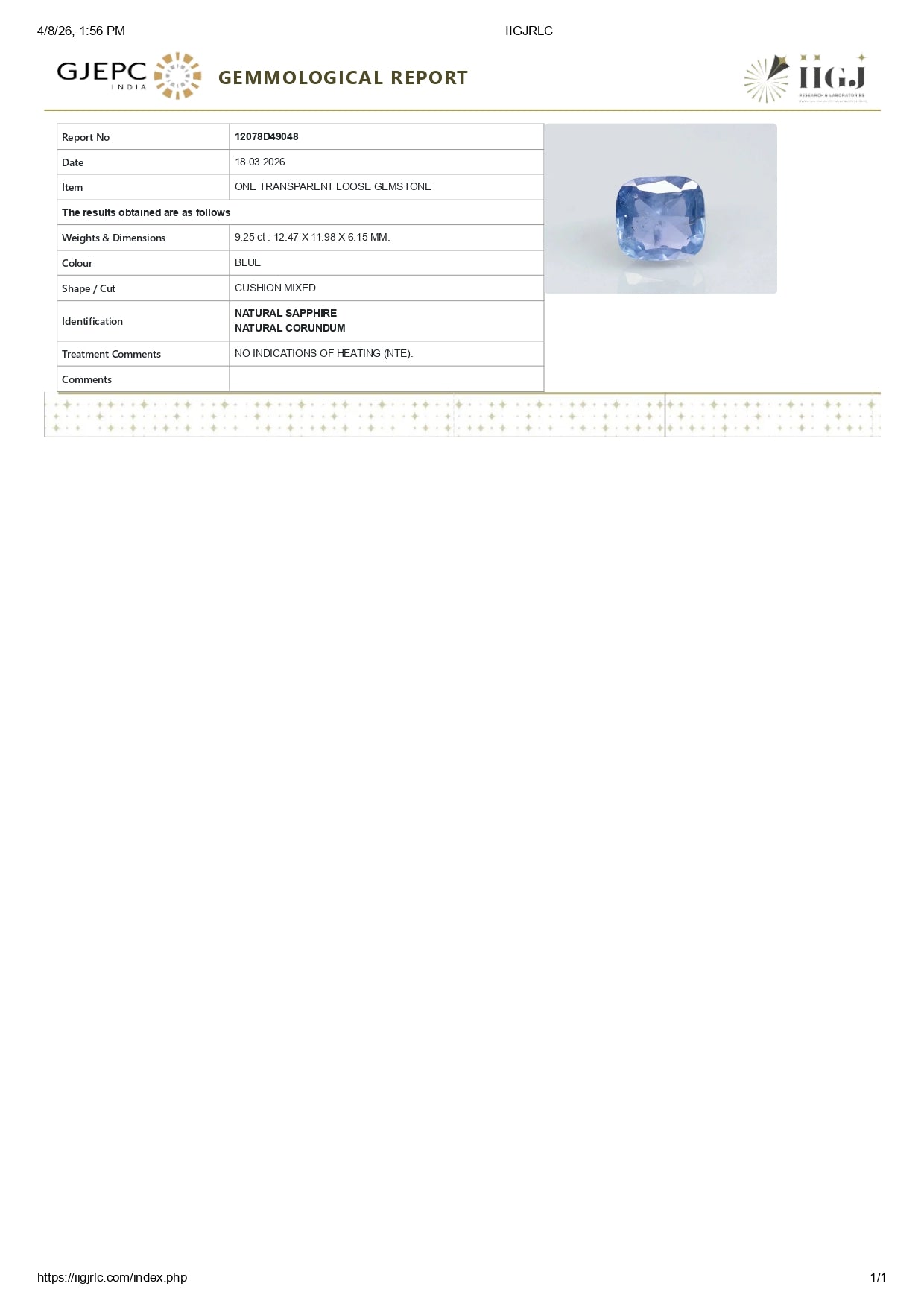 Natural Blue Sapphire (Neelam) 9.25 Carats