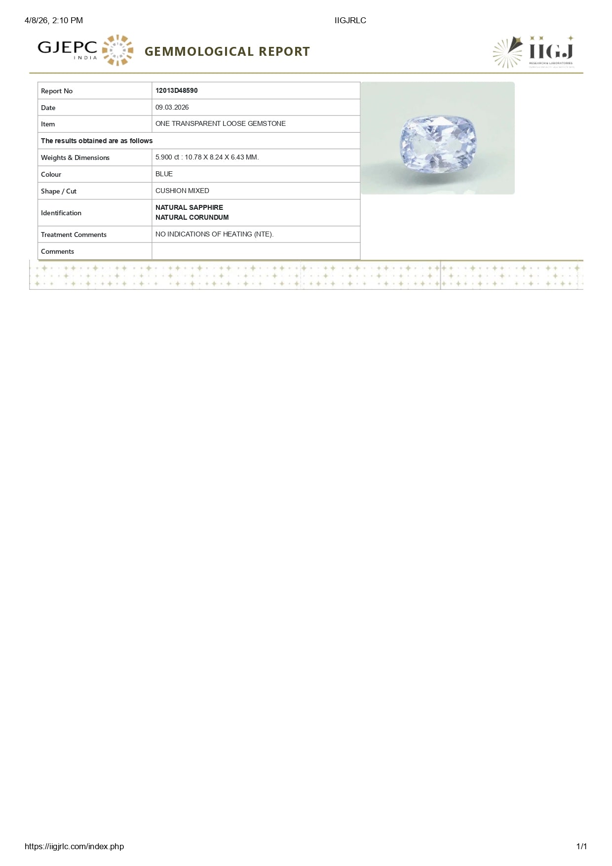 Natural Blue Sapphire (Neelam) 5.90 Carats
