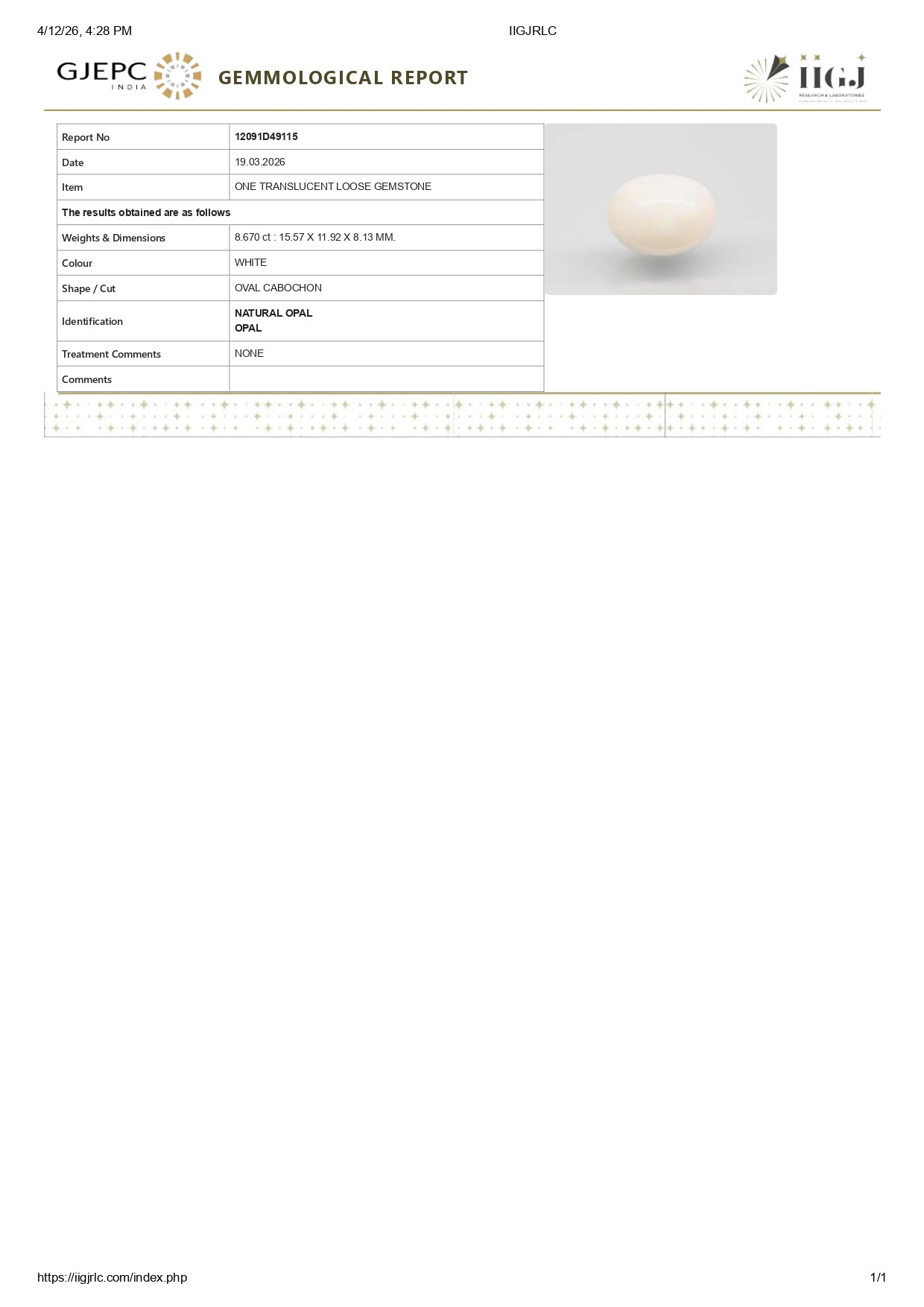 Natural Australian White Fire Opal 8.67 Carats