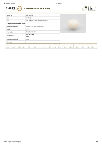 Natural Australian White Fire Opal 8.67 Carats