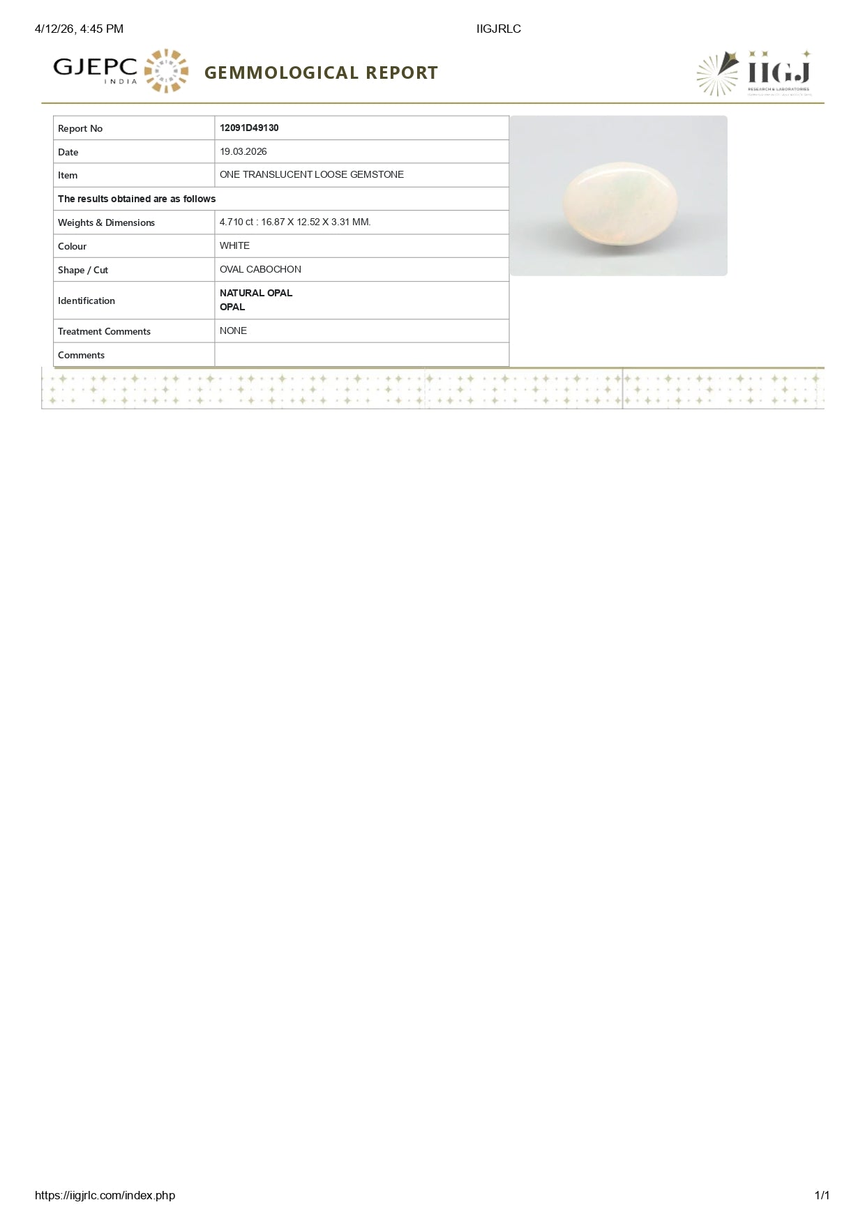 Natural Australian White Fire Opal 4.71 Carats