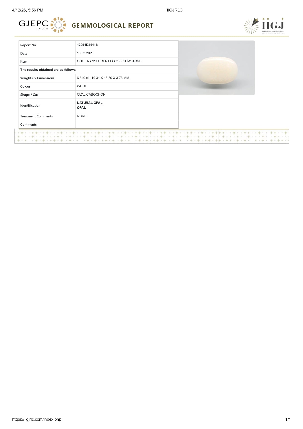 Natural Australian White Fire Opal 6.31 Carats