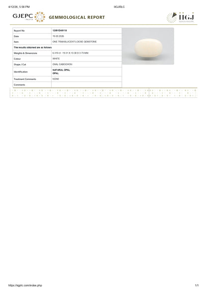 Natural Australian White Fire Opal 6.31 Carats
