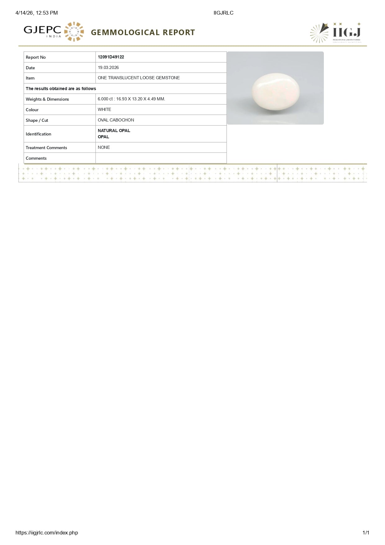 Natural Australian White Fire Opal 6.00 Carats