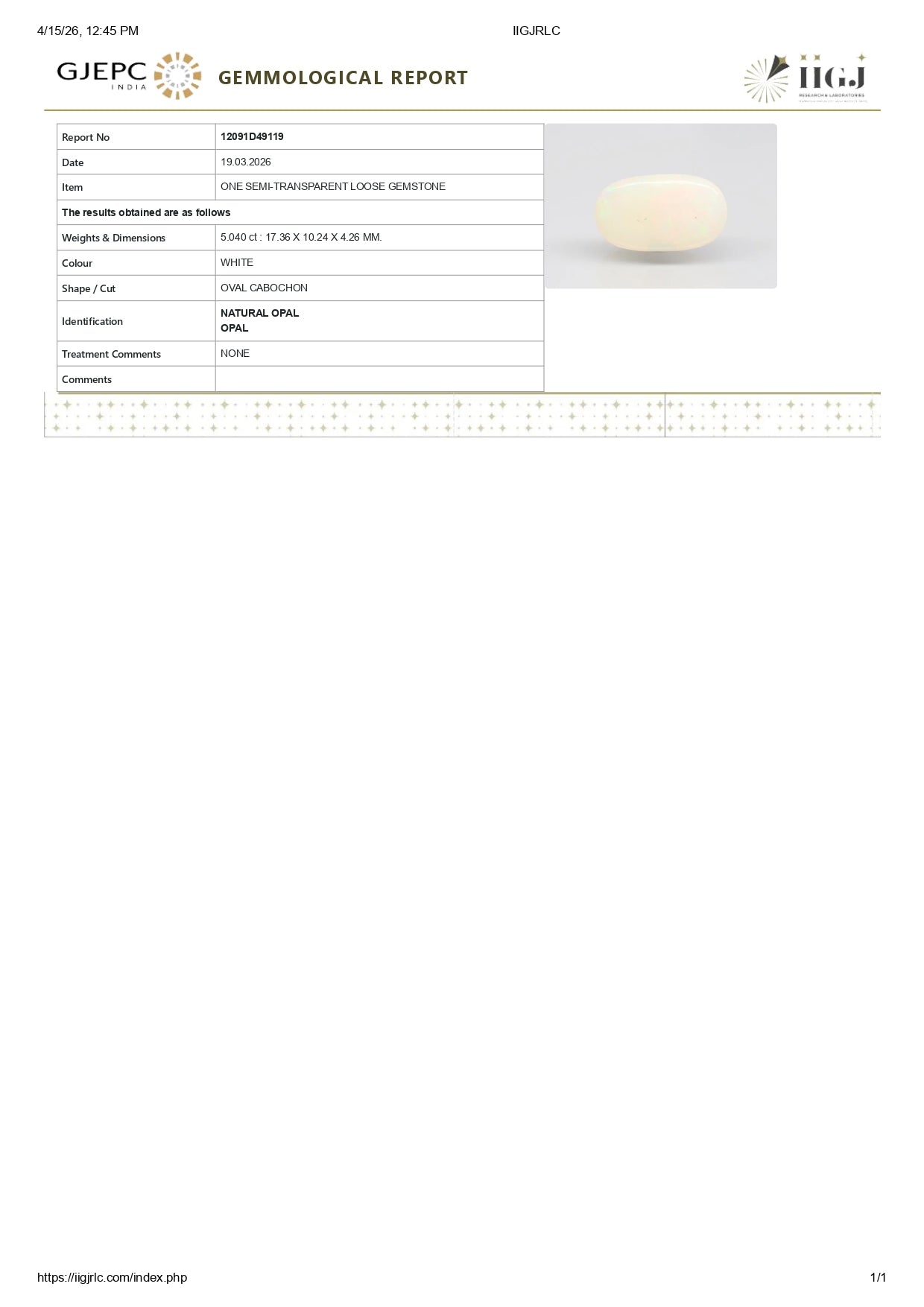 Natural Australian White Fire Opal 5.04 Carats