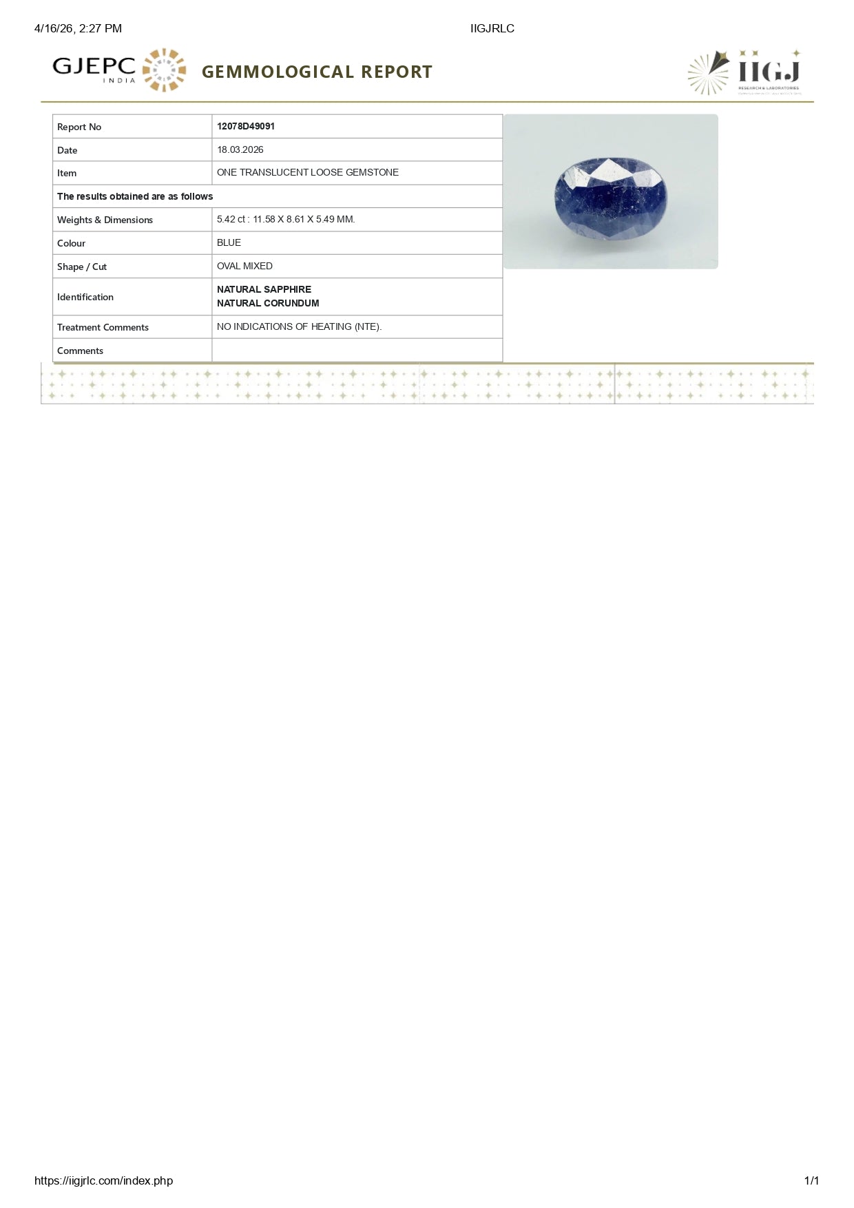 Natural Blue Sapphire (Neelam) 5.42 Carats