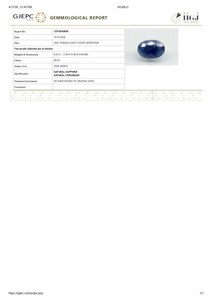 Natural Blue Sapphire (Neelam) 6.55 Carats