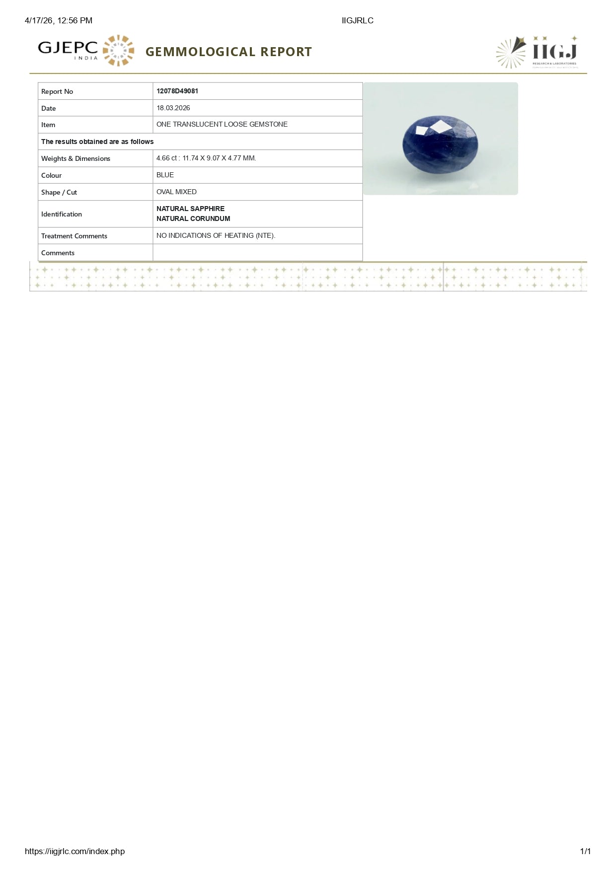 Natural Blue Sapphire (Neelam) 4.66 Carats