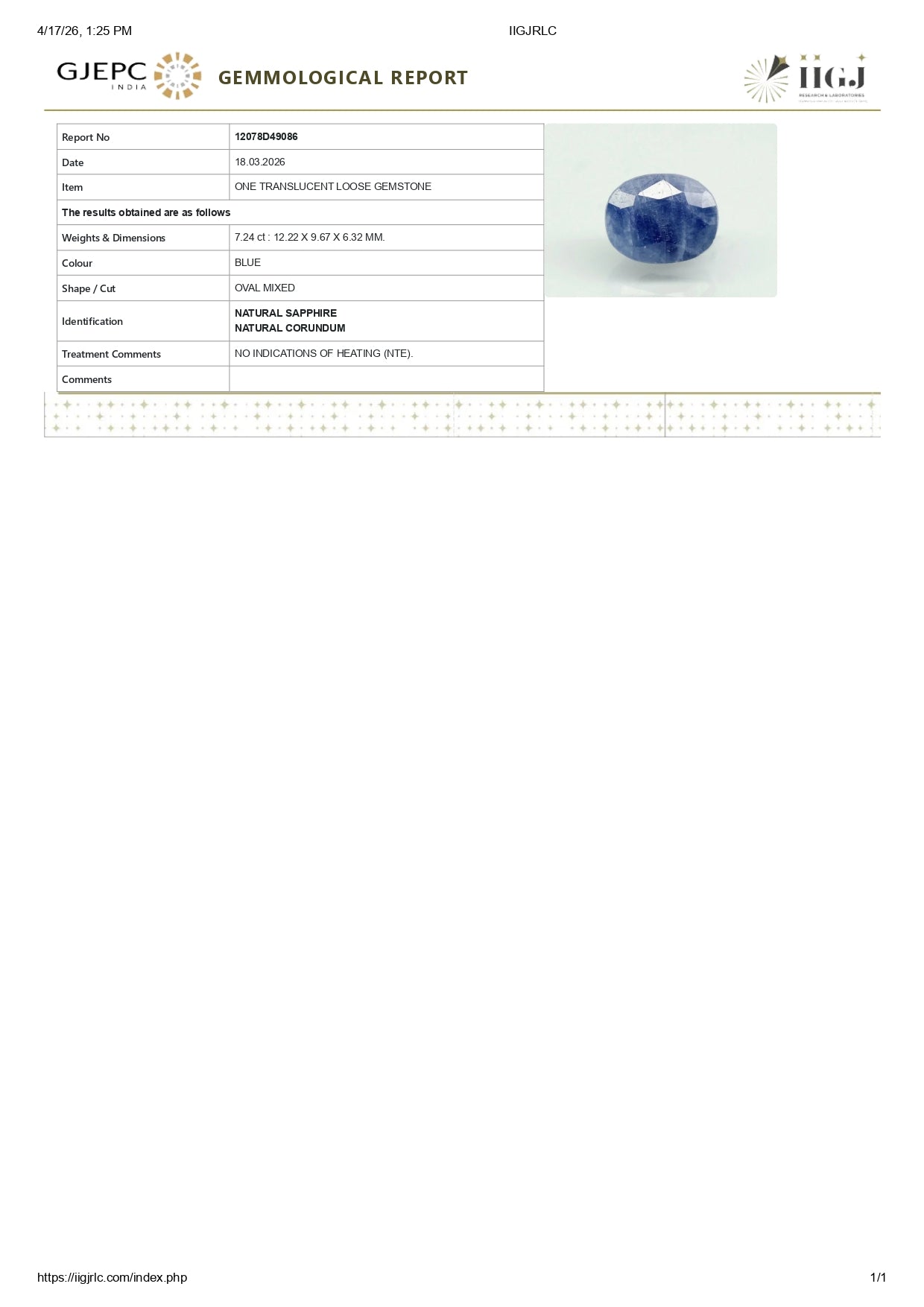 Natural Blue Sapphire (Neelam) 7.24 Carats