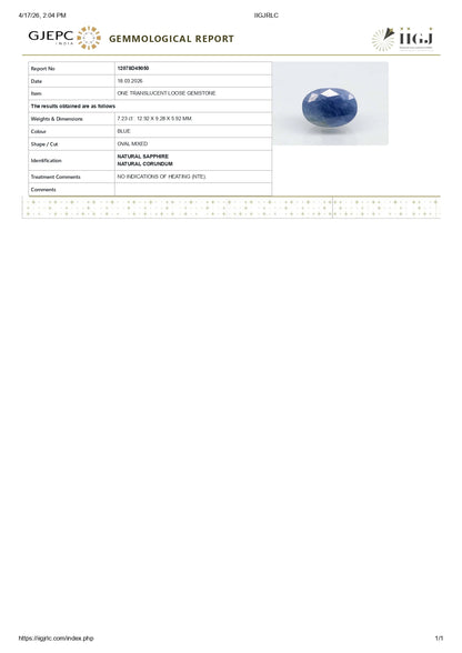 Natural Blue Sapphire (Neelam) 7.23 Carats