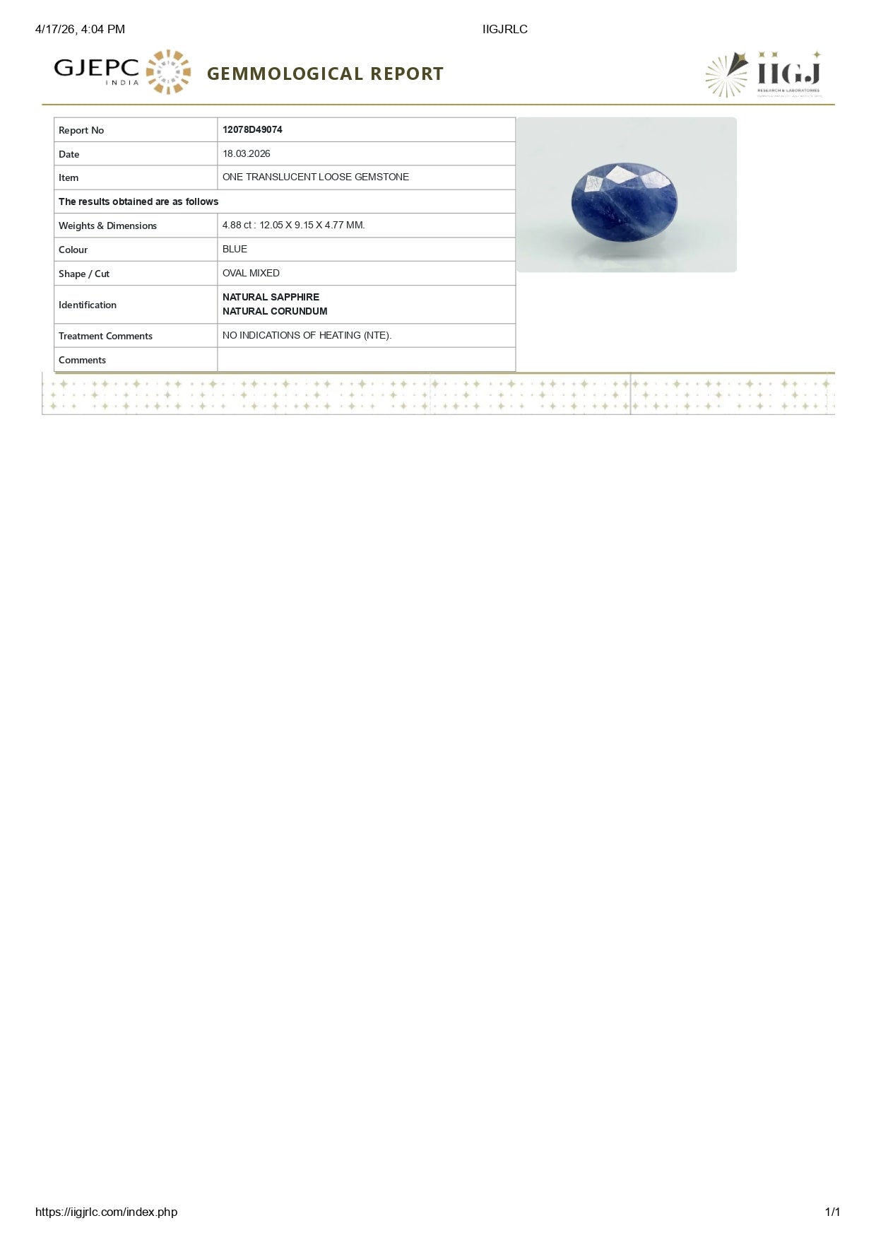 Natural Blue Sapphire (Neelam) 4.88 Carats