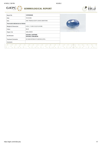 Natural Blue Sapphire (Neelam) 6.49 Carats