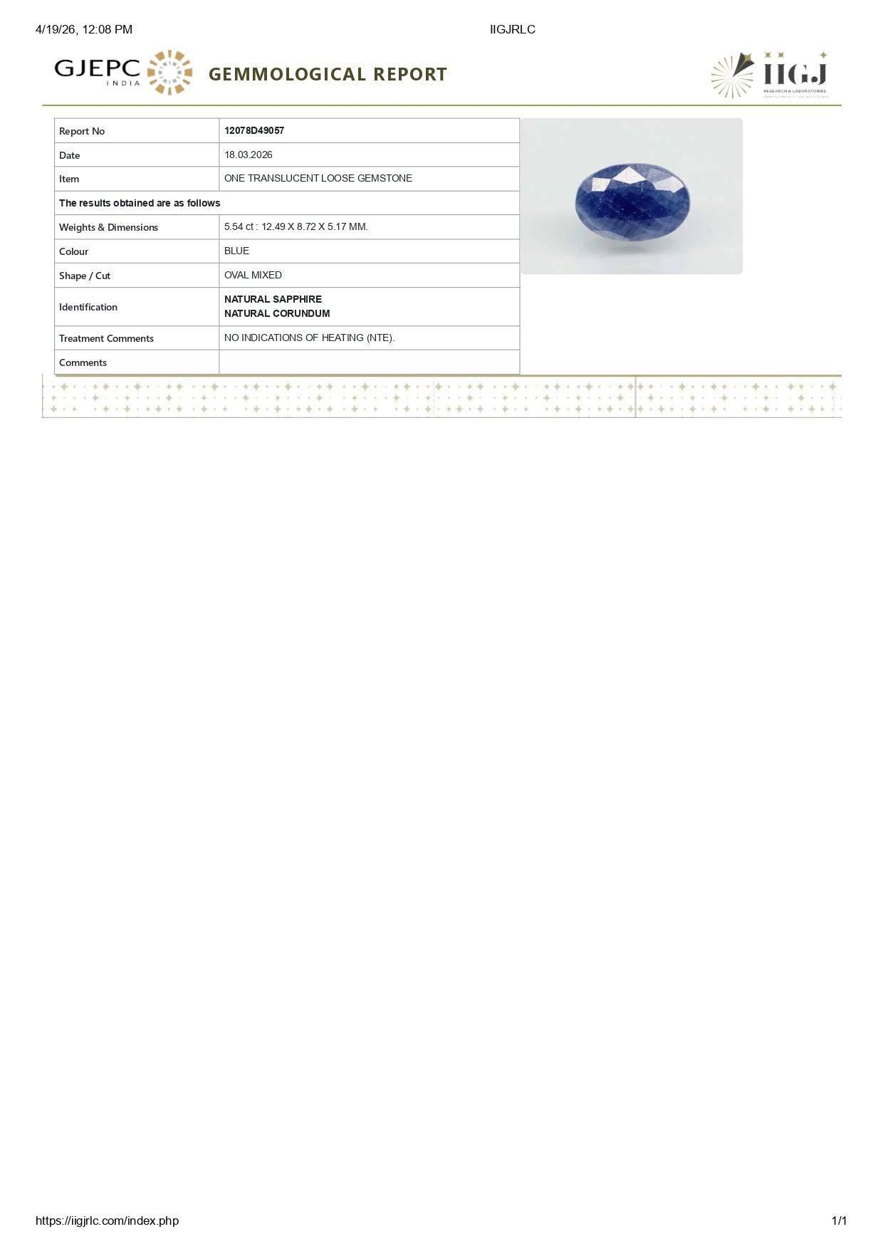 Natural Blue Sapphire (Neelam)  5.54 Carats