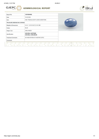 Natural Blue Sapphire (Neelam) 6.40 Carats