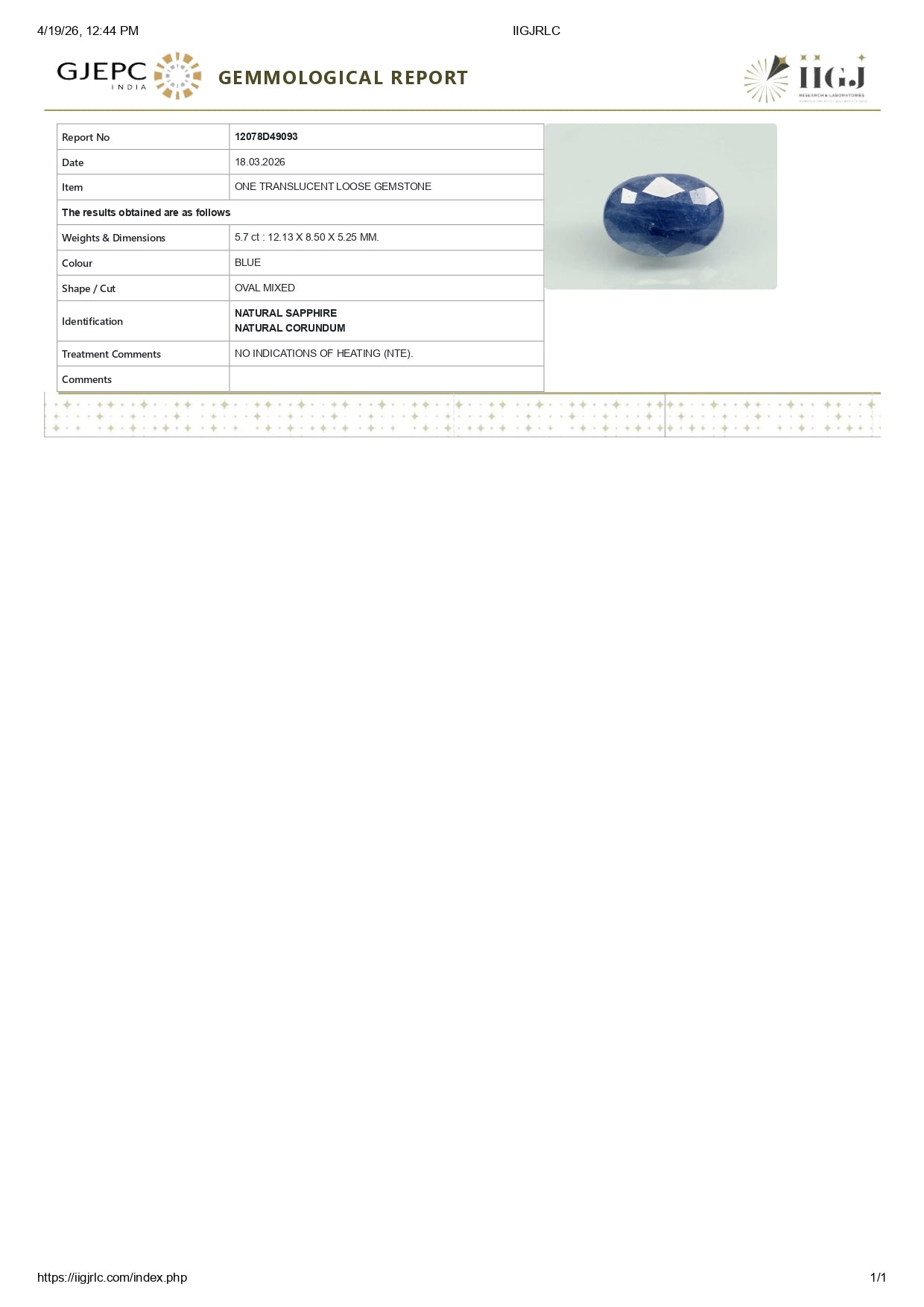 Natural Blue Sapphire (Neelam) 5.70 Carats