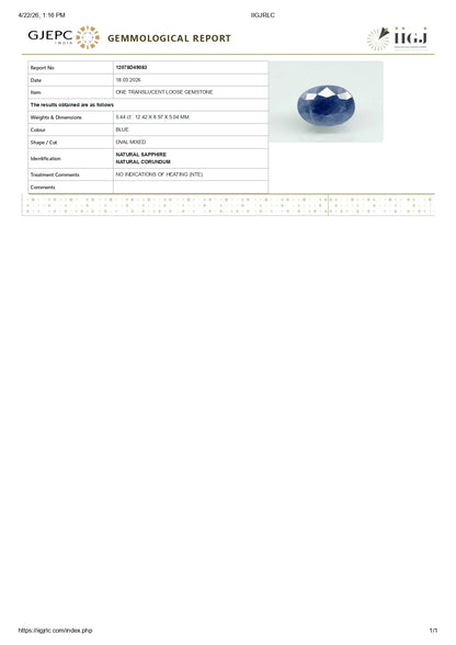 Natural Blue Sapphire (Neelam) 5.44 Carats